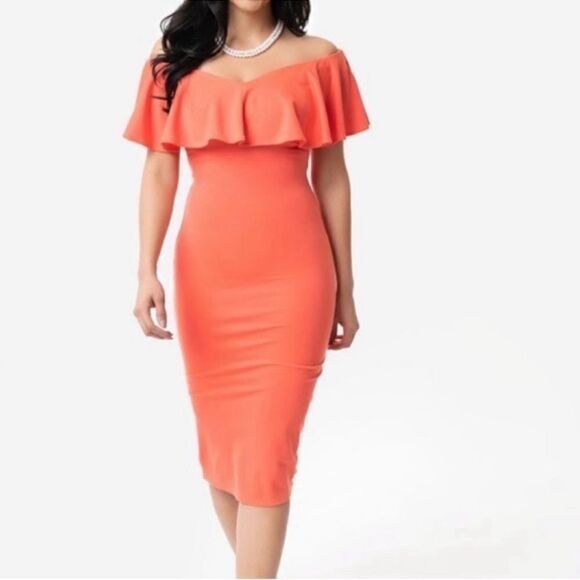Unique Vintage Dresses & Skirts - NWT Unique Vintage Coral Knit Draped off the shoulder Wiggle Dress small New
